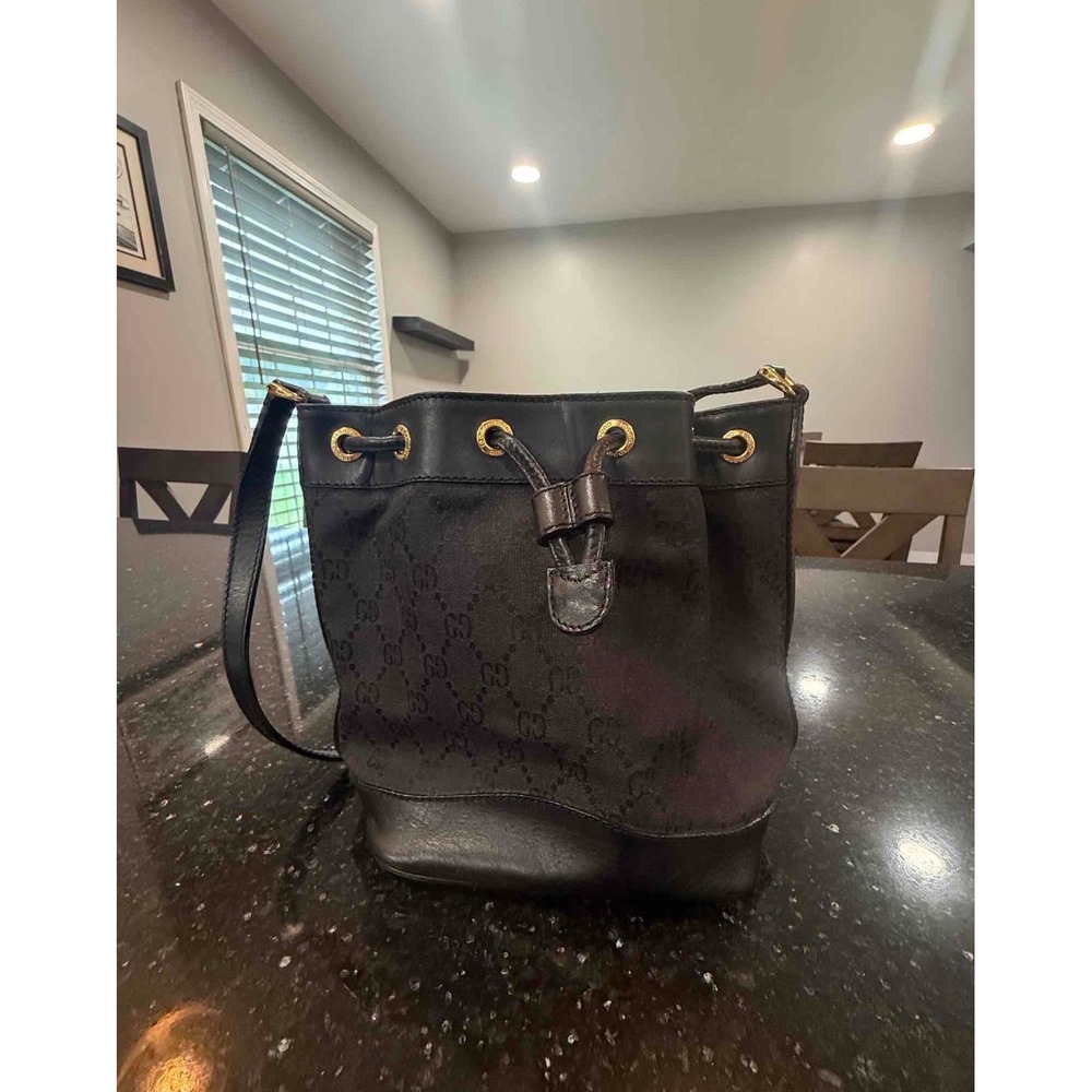Gucci Bucket Bag Women Small Black Monogram GG Canvas Drawstring Vintage Classic